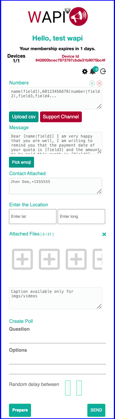 Wapi Premium panel for sending WhatsApp Web messages
